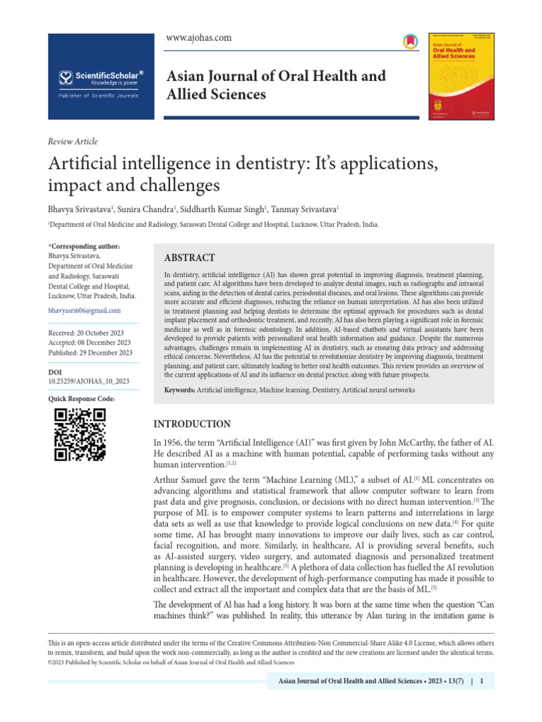 Artificial Intelligence in Dentistry Its Applications Impact and ...