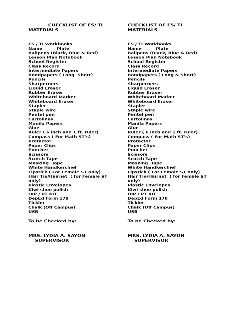 Checklist of FS | PDF