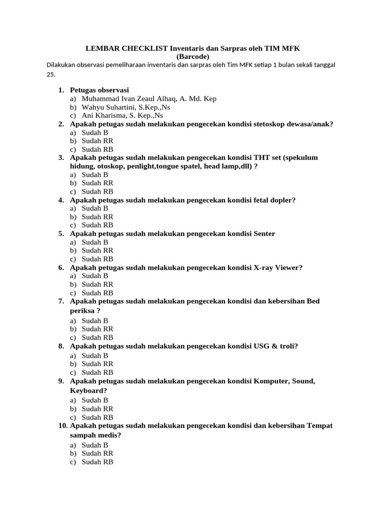 Checklist MFK Poli Umum | PDF