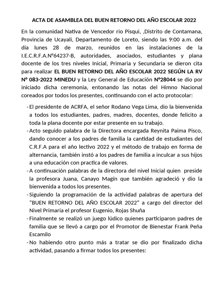 Acta de Asamblea Del Buen Inicio Del Año Escolar 2022 | PDF