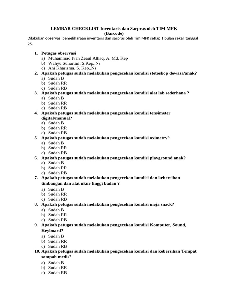 Checklist MFK FO, R.pendaftaran, RM | PDF