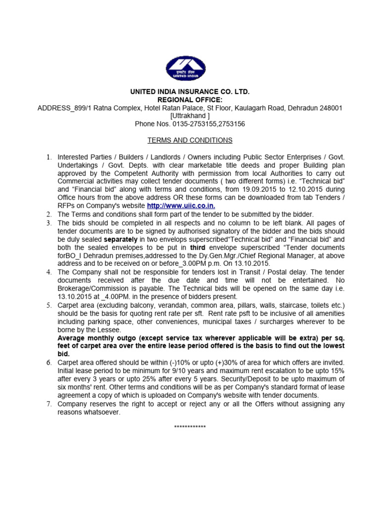 United India Insurance Tender Terms | PDF | Lease | Finance & Money ...