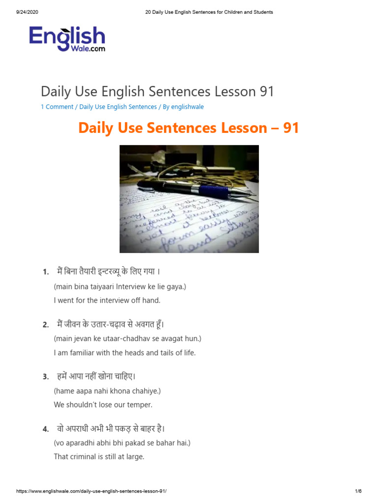 20 Daily Use English Sentences For Children and Students | PDF ...