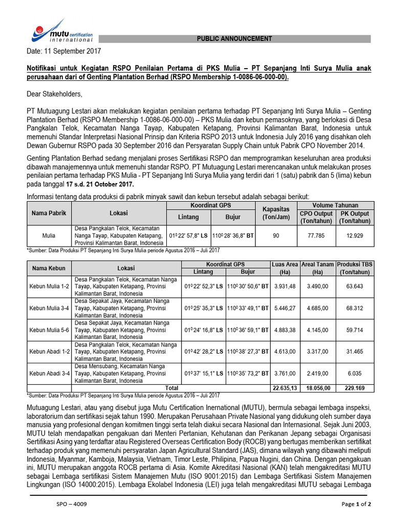 Notification of rspo initial assessment of mulia pom pt sepanjang inti