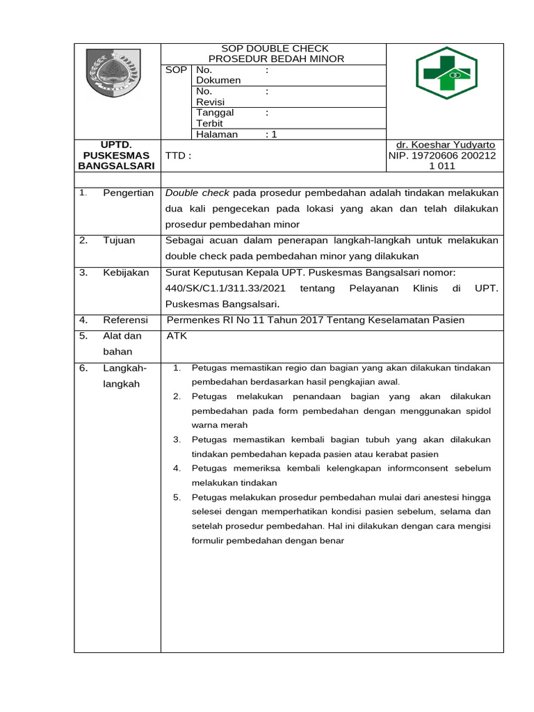 Sop Double Check Bedah Minor | PDF