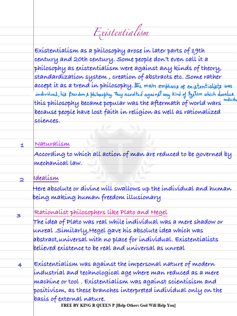 Existentialism Notes2024 Philosophy TanuJain KING R QUEEN P | PDF