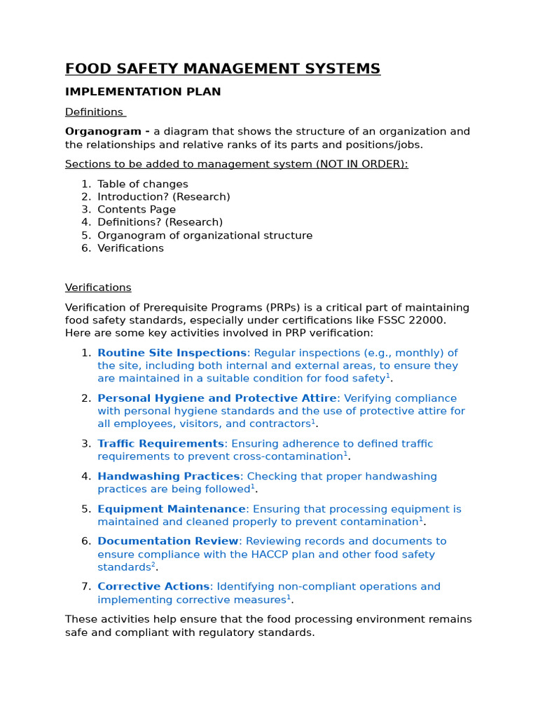 Food Safety Management Systems - Implementation Plan | PDF