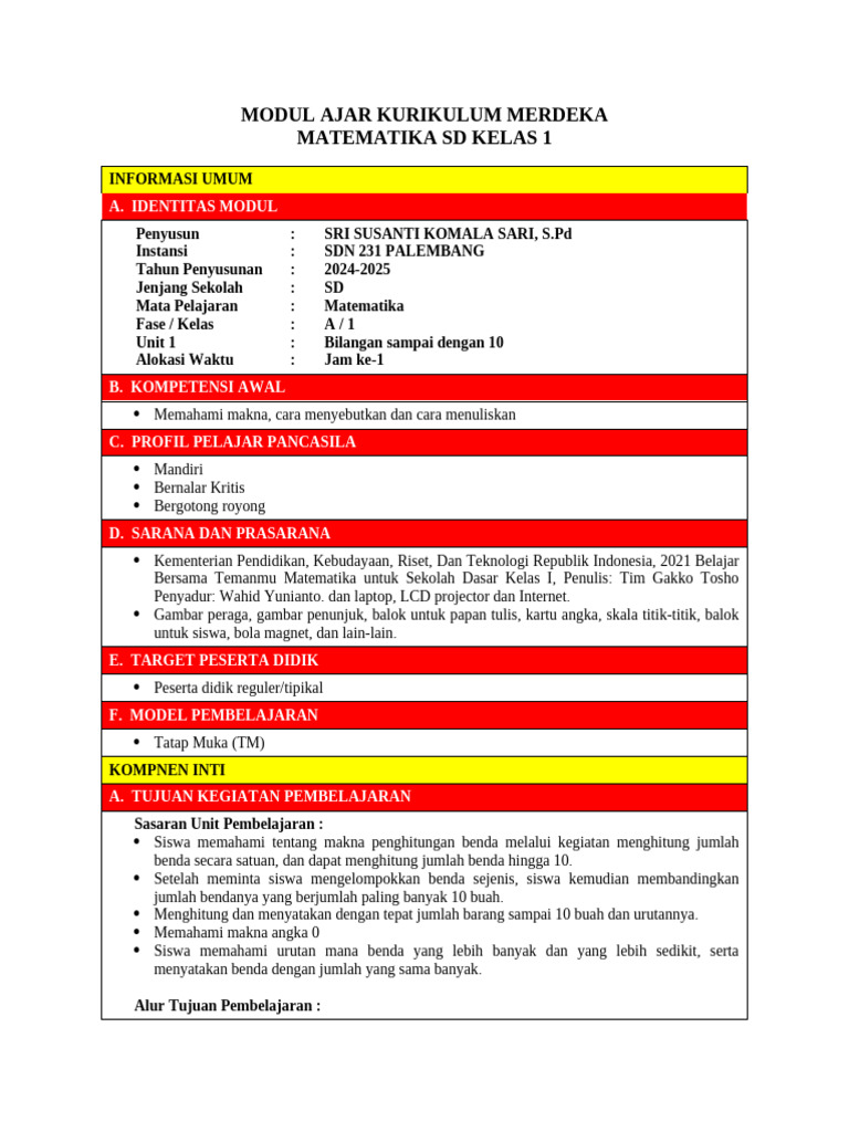 Modul Ajar Kurikulum Merdeka Matematika Kelas 1 Bab 1 Pdf