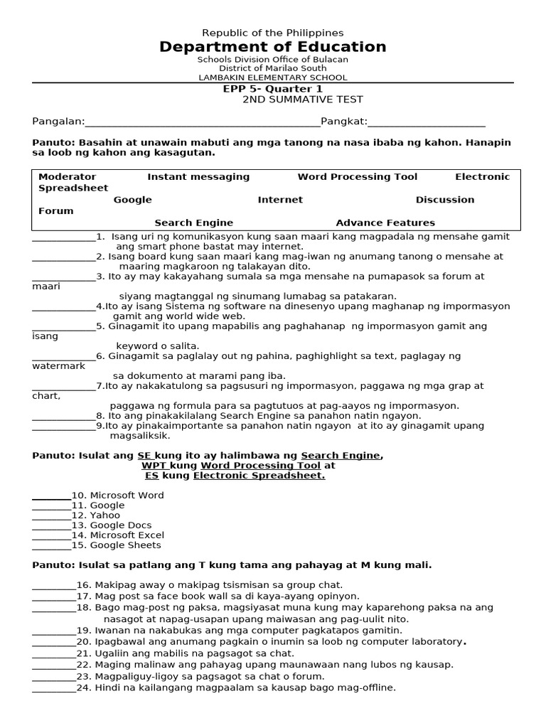 EPP 5-Summative Test q1 | PDF | Business Software | Business
