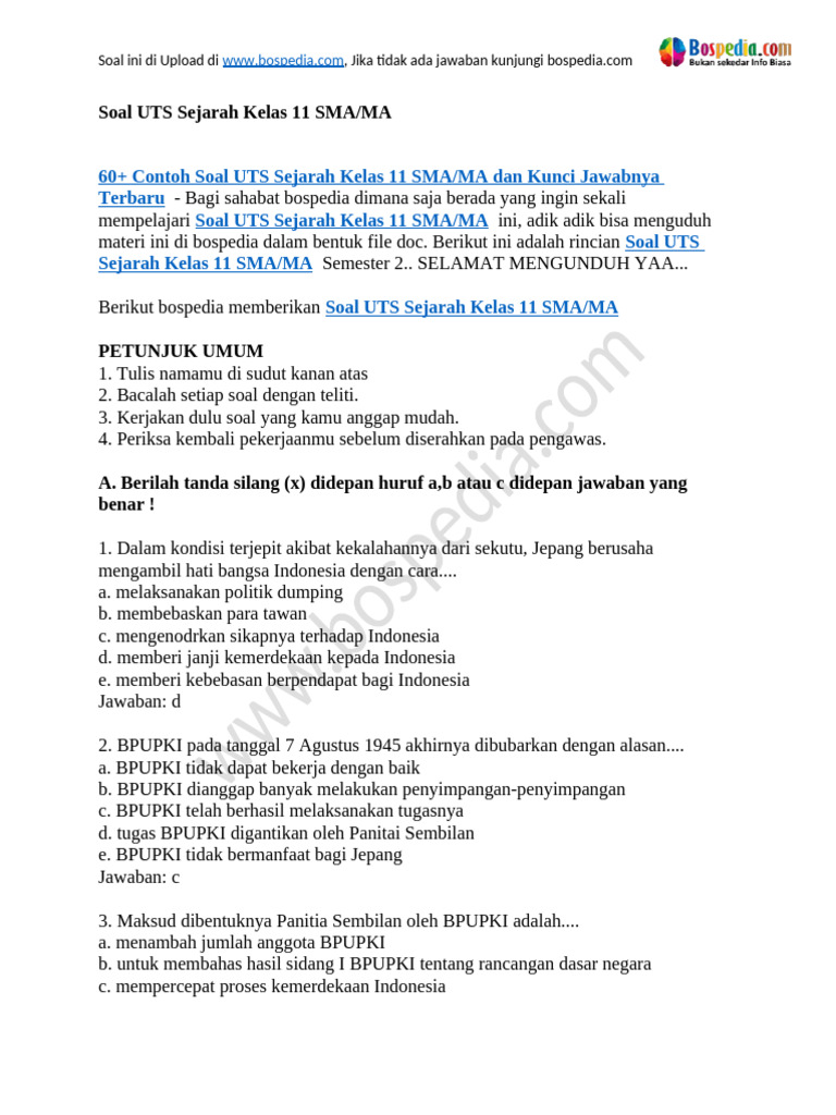60+ Contoh Soal UTS Sejarah Kelas 11 SMA MA Dan Kunci Jawabnyas | PDF