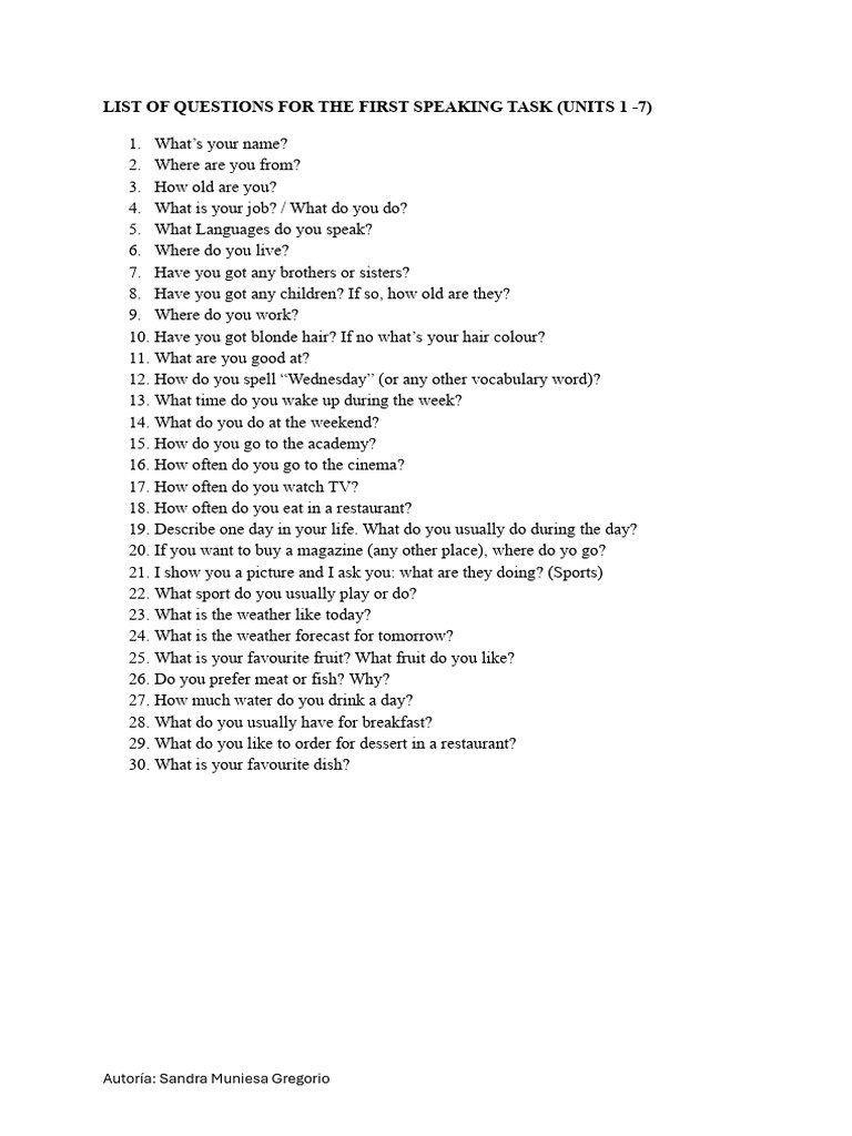 List of Questions For The First Speaking Task | PDF