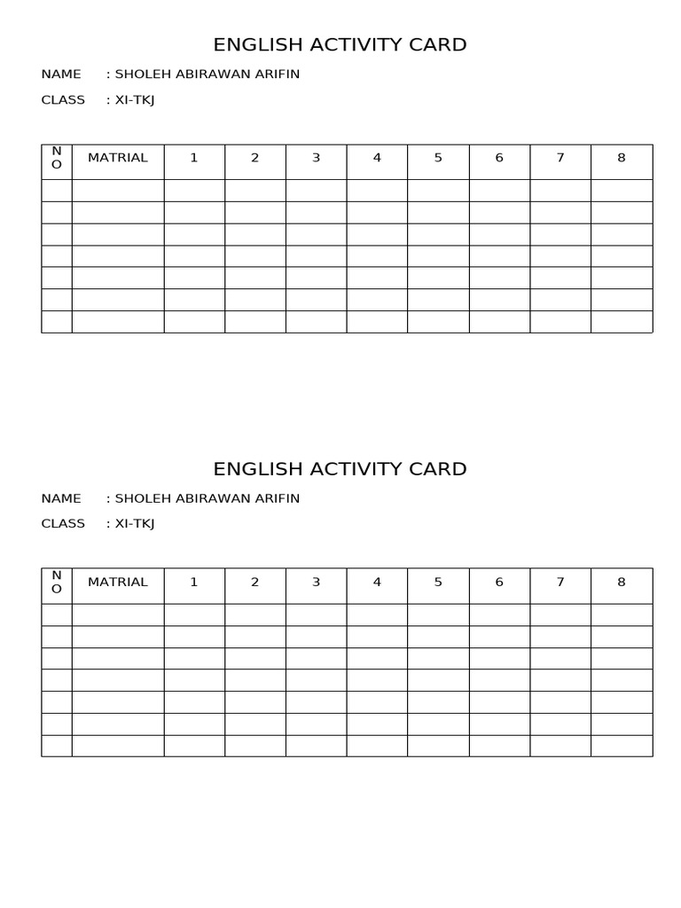 English activity card pdf