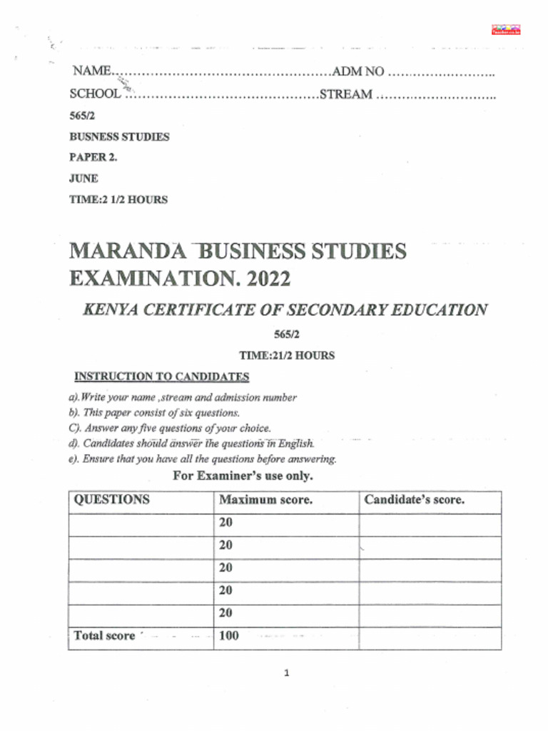 Maranda Business Studies Paper 2 Maranda Form 4 End Term 1 Teacher | PDF
