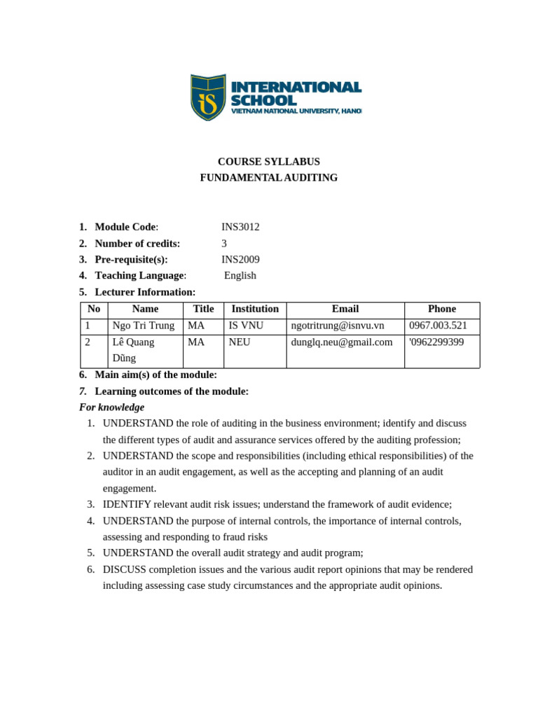 COURSE SYLLABUS Fundamental Audit | PDF