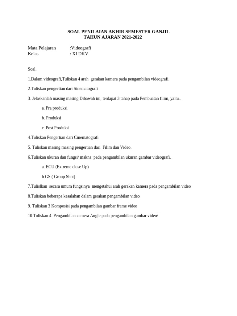 Soal Mapel Videografi Kelas Xi Dkv Pdf