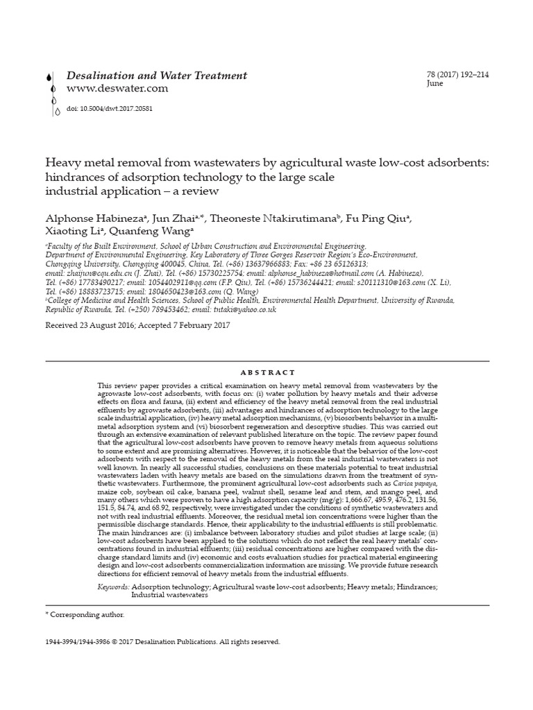 Heavy Metal Removal Using Agrowaste Adsorbents | PDF | Water | Law
