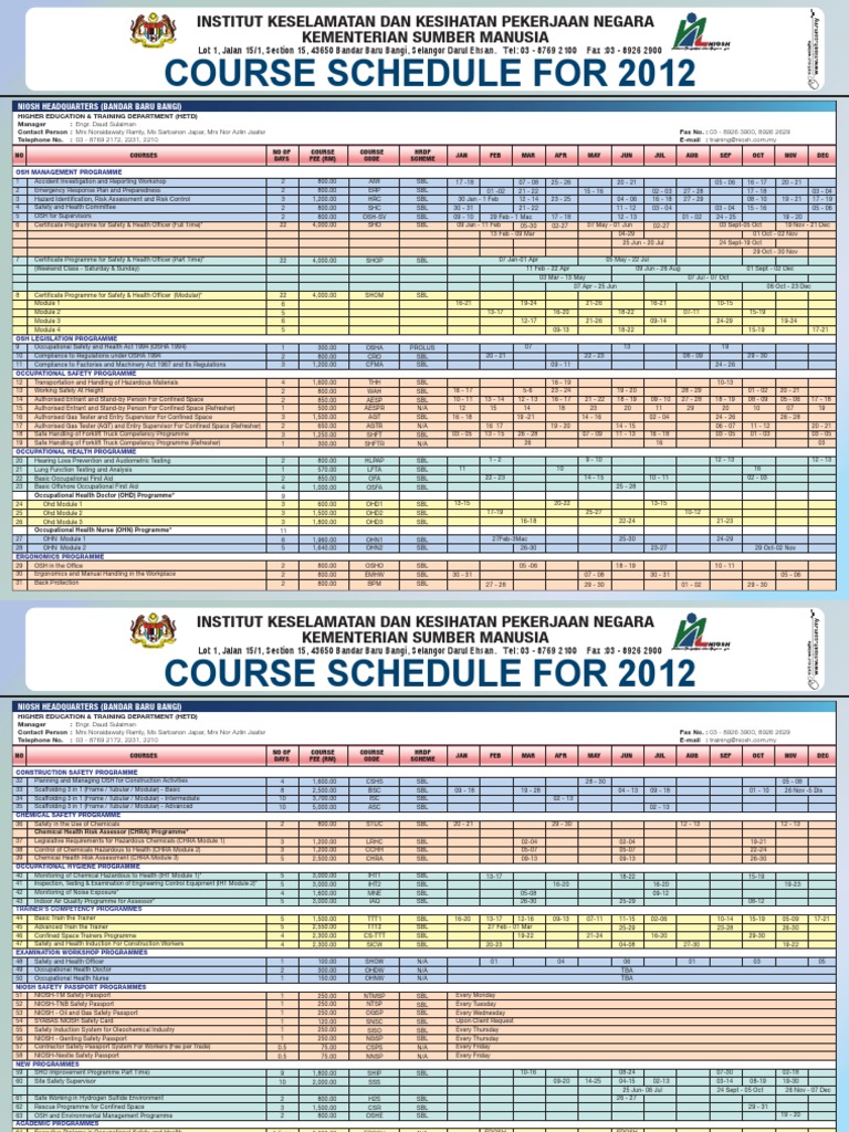 NIOSH 2012 Course Calendar PDF Occupational Safety And Health