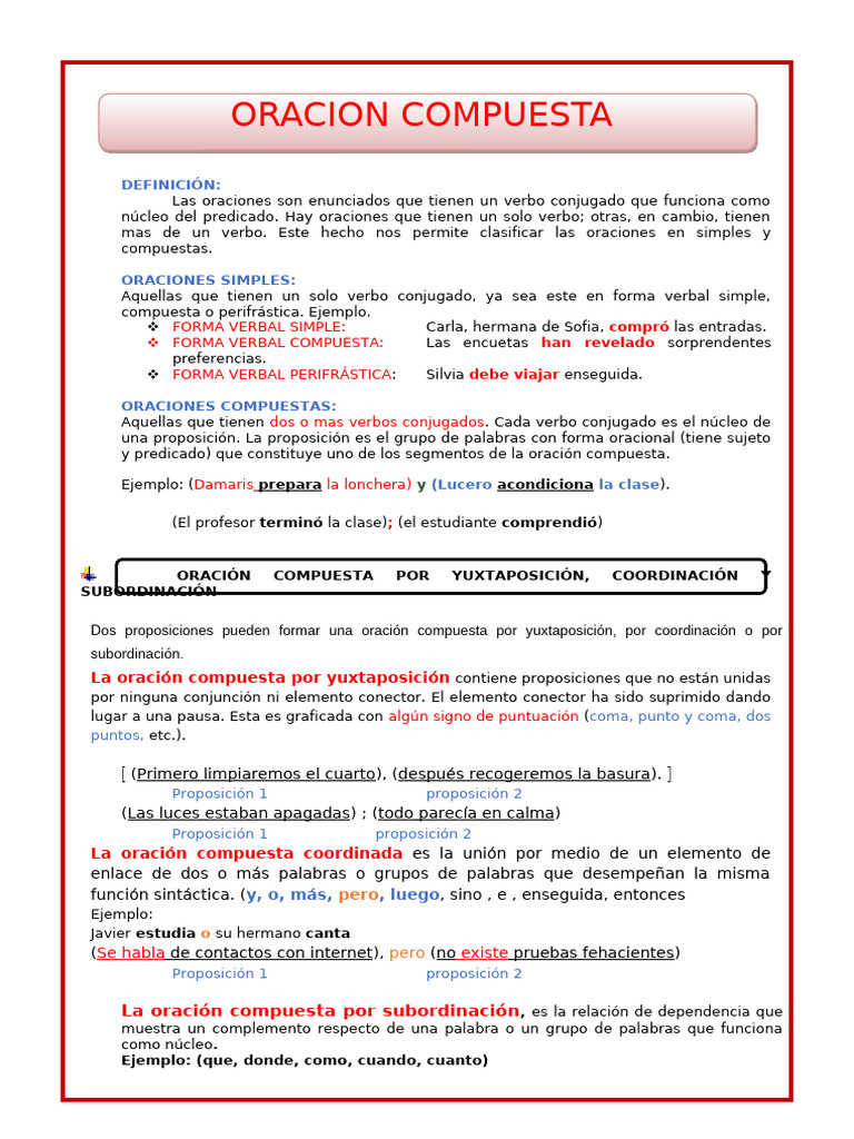 Guía de Oraciones Compuestas y Simples | PDF | Oración (Lingüística ...