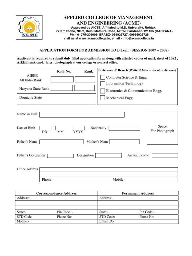 B.Tech Admission Form 2007-08 | PDF