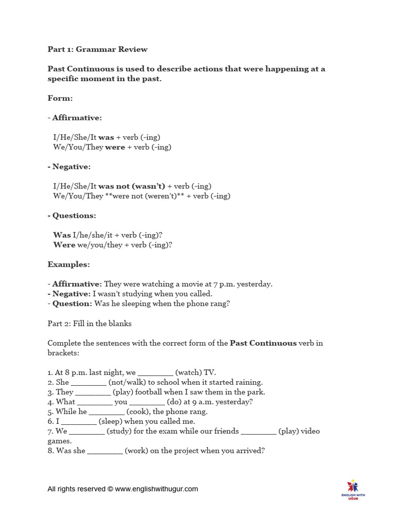 Past Continuous Worksheet | PDF