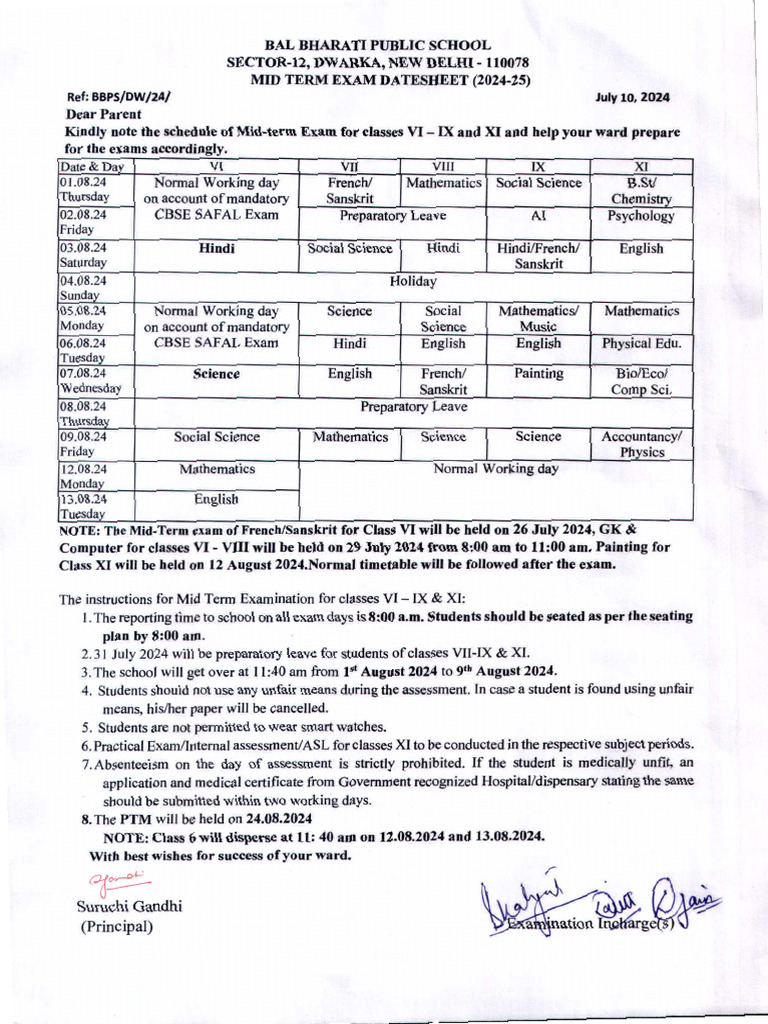 Mid Term Datesheet 2024-25 Vi-Ix & Xi - 10 July (Uf) | PDF
