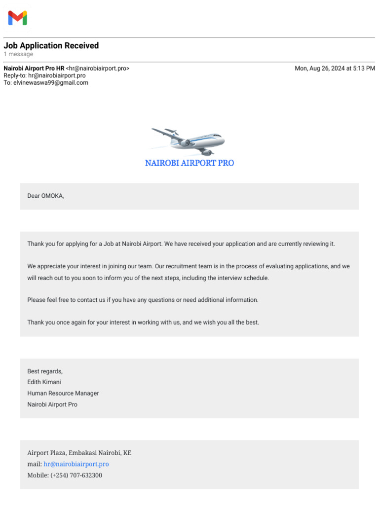 Job Application Acknowledgment Nairobi Airport Pdf Career Growth