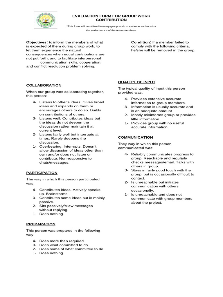 Evaluation Form For Group Work Contribution | PDF