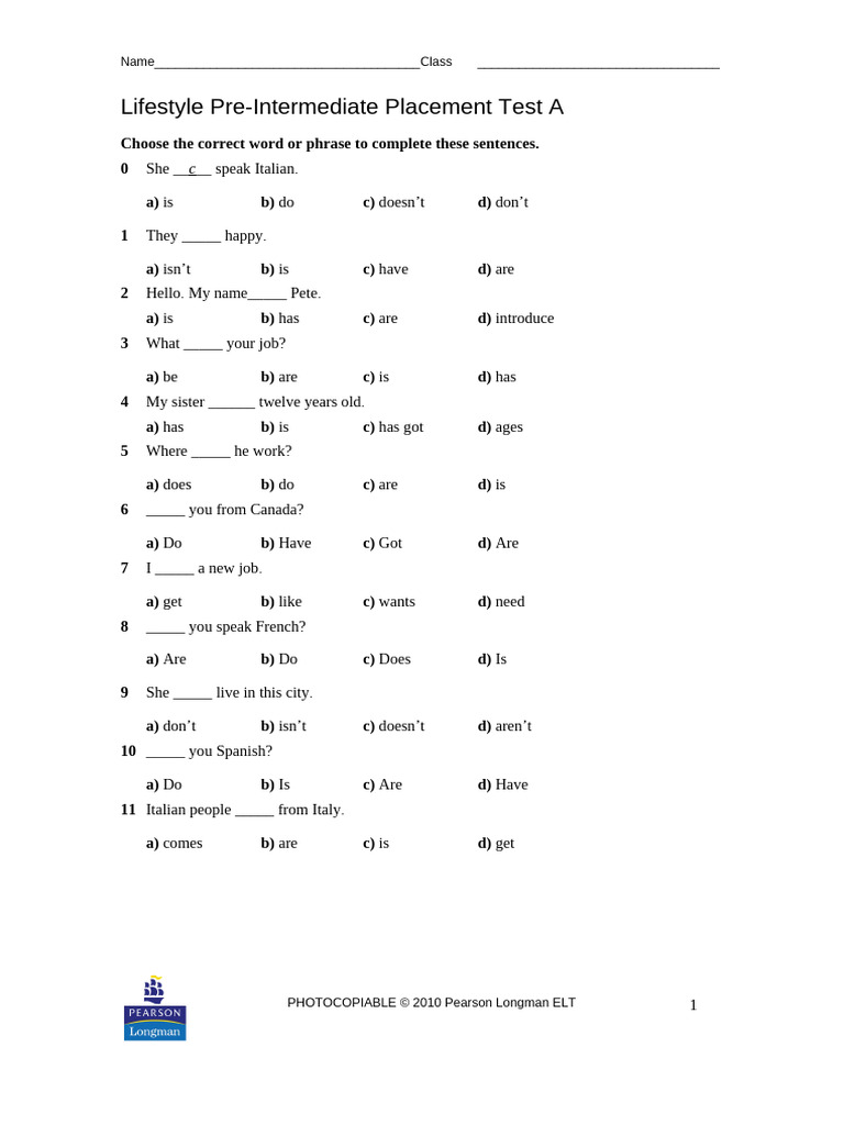 ESL Placement Test Sample | PDF