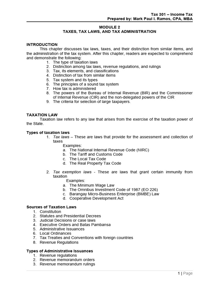 Tax 301 - Income Tax Prepared By: Mark Paul I. Ramos, CPA, MBA Taxes ...
