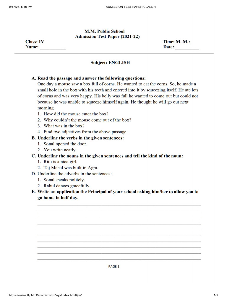 Admission Test Paper Class 4 Pdf