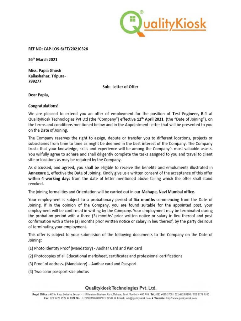 QK - Offer Letter - Papia Ghosh | PDF