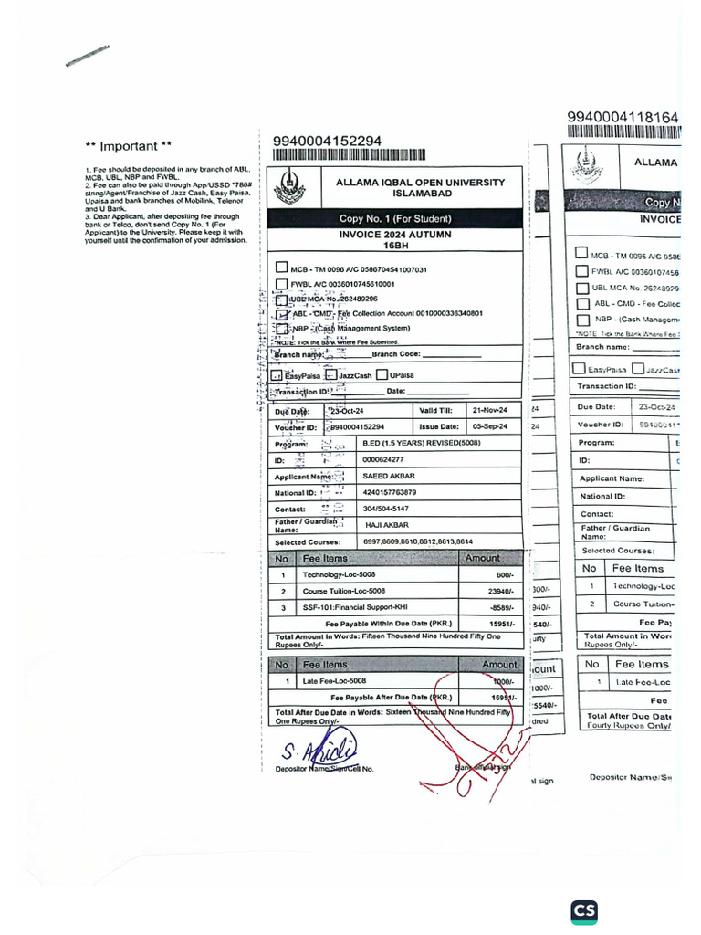 Saeed akbar paid challan pdf