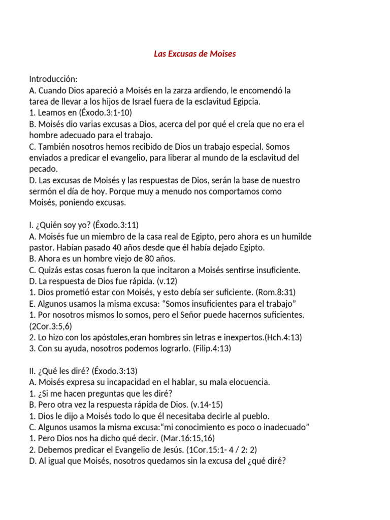 Excusas de Moisés ante el llamado divino | PDF | Moisés | Religión y ...