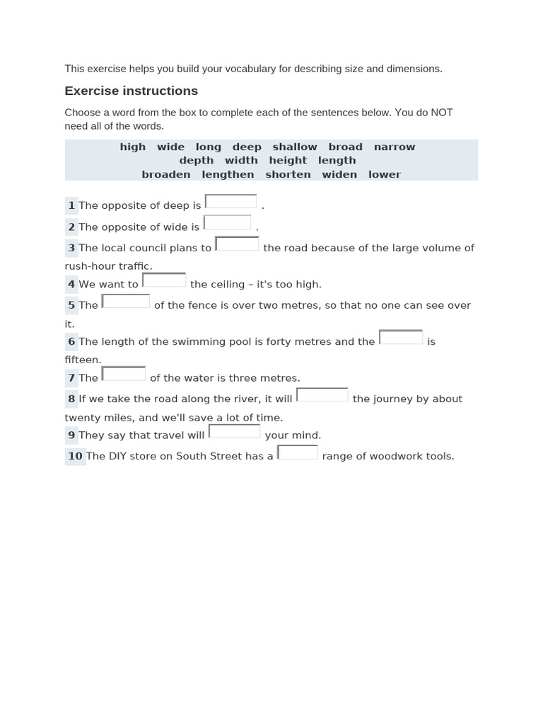 English SIze and Dimension Adjectives Table | PDF