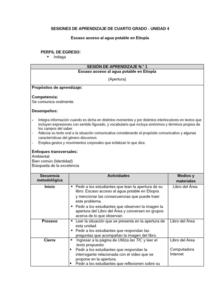 Sesiones de Aprendizaje - U4 - Cuarto Grado | PDF