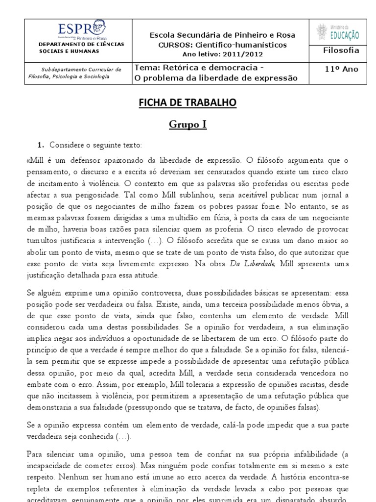201112 Ficha de trabalho sobre a liberdade de expressão. Liberdade de Expressão Verdade