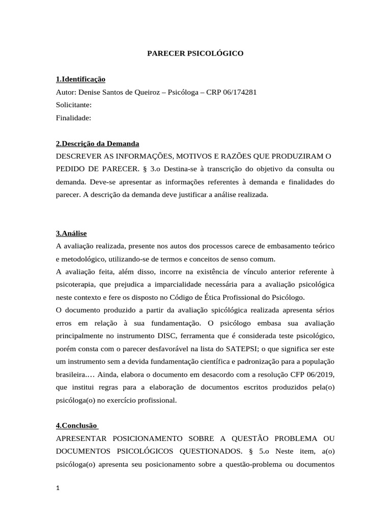 Parecer Psicológico (Modelo) | PDF