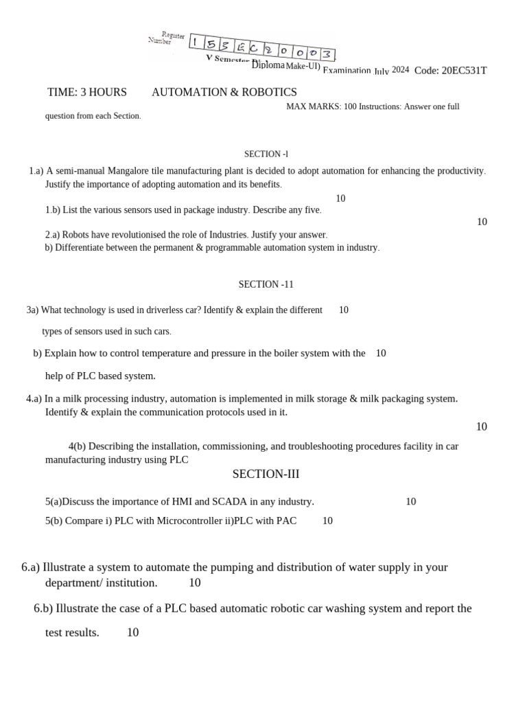 Automation & Robotics Diploma Exam 2025 | PDF | Programmable Logic ...