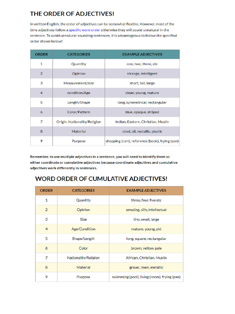 Angličtina Cumulative Adjectives Priklady | PDF