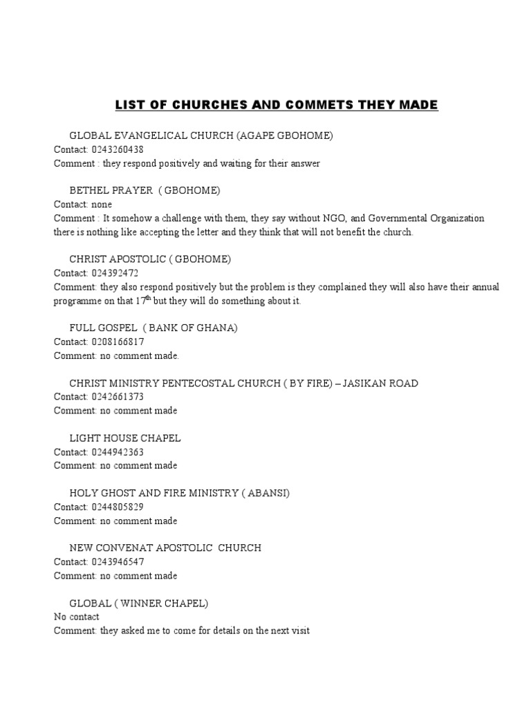 Churches and Comments Overview | PDF
