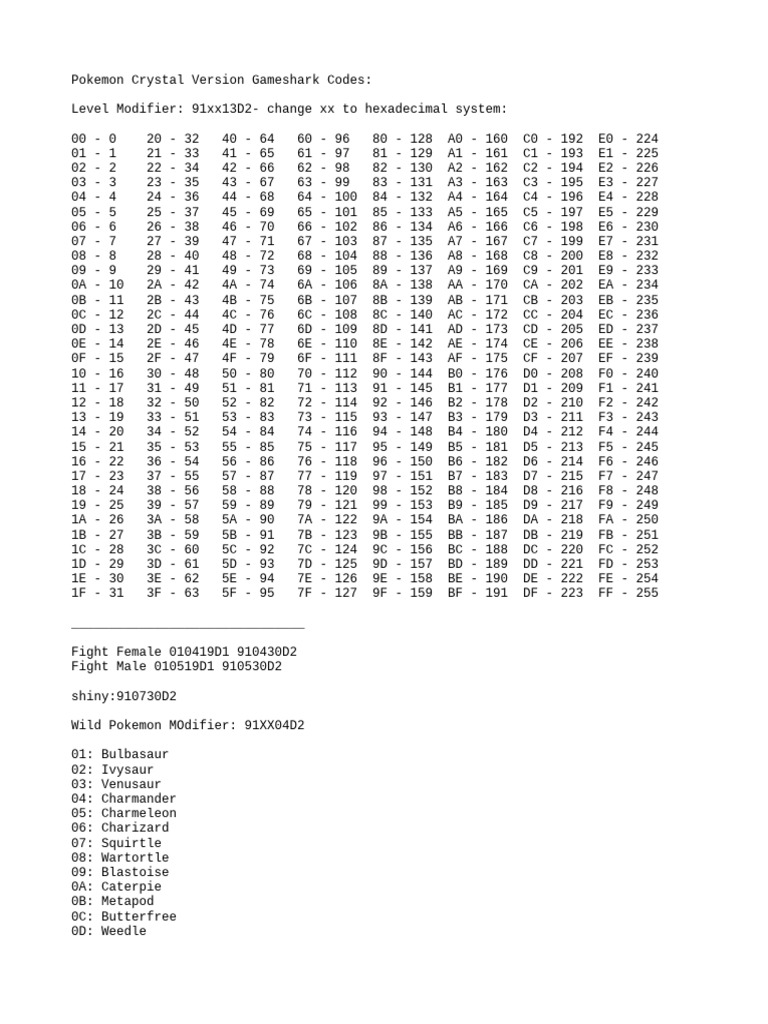 Pokemon Crystal Gameshark Codes PDF