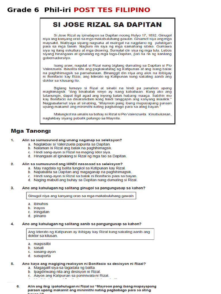 Grade 6 Post Test Phil Iri Passage | PDF