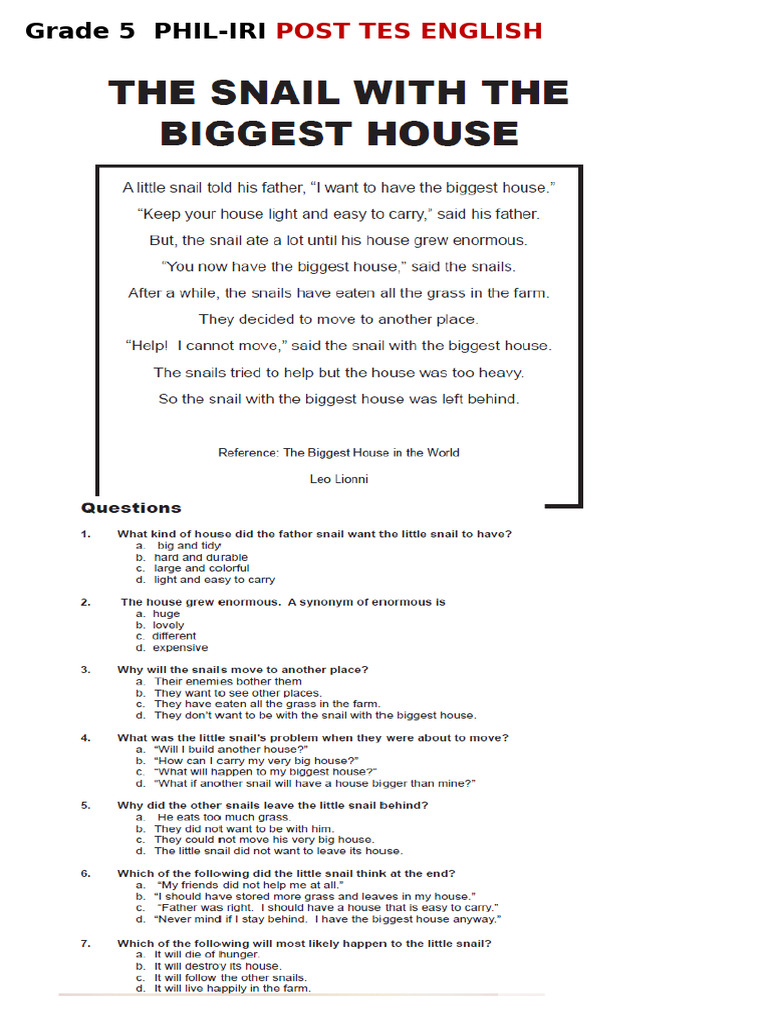 Grade 5 Eng. Post Test Phil Iri Passage | PDF