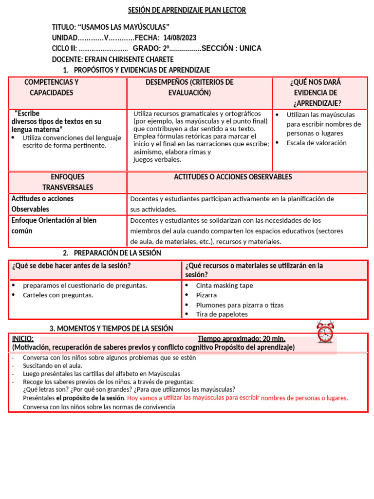 Sesión de Aprendizaje Plan Lector Hoy 14de Agosto | PDF