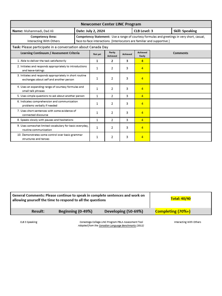 CLB 3 SI-Extra Assessment - Ali | PDF