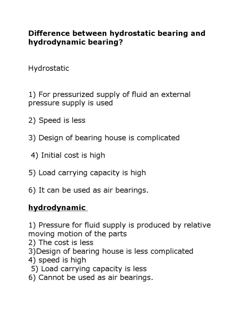 Difference Between Hydro Static Bearing and Hydrodynamic Bearing PDF