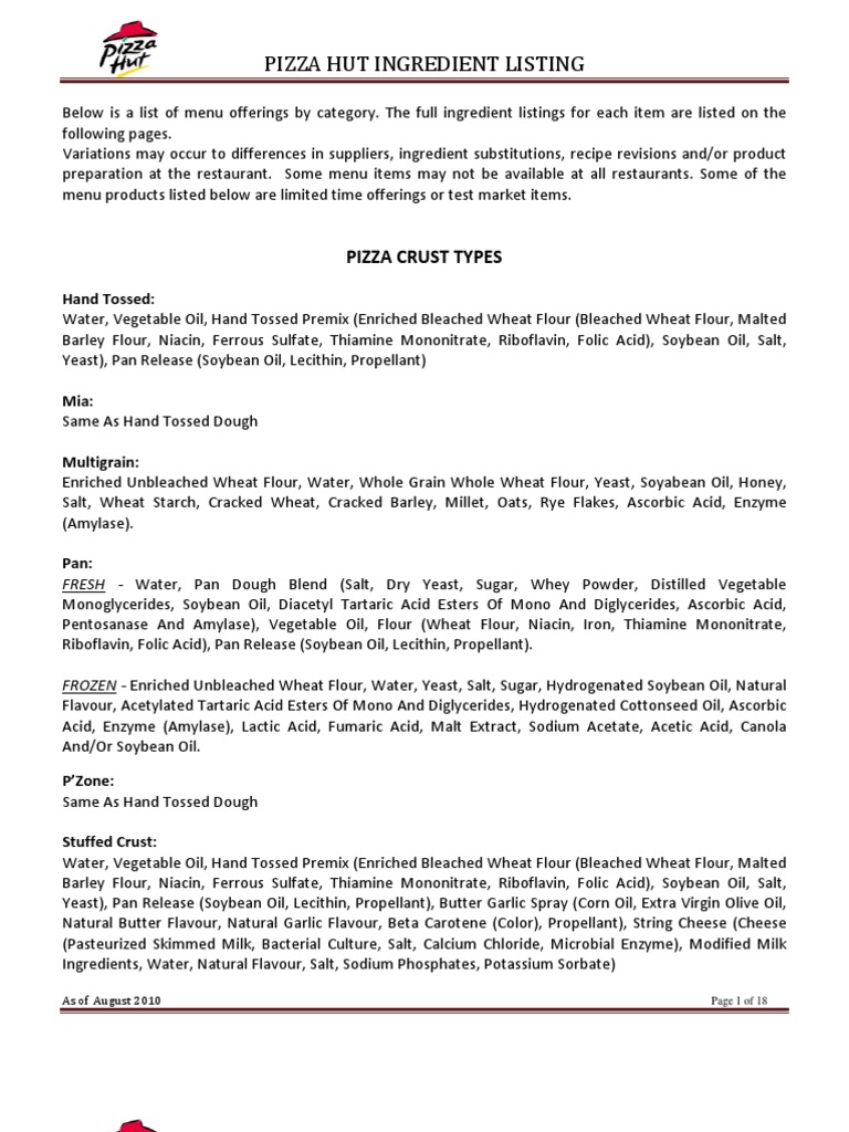 Pizza Hut Ingredients PDF Salad Pasta