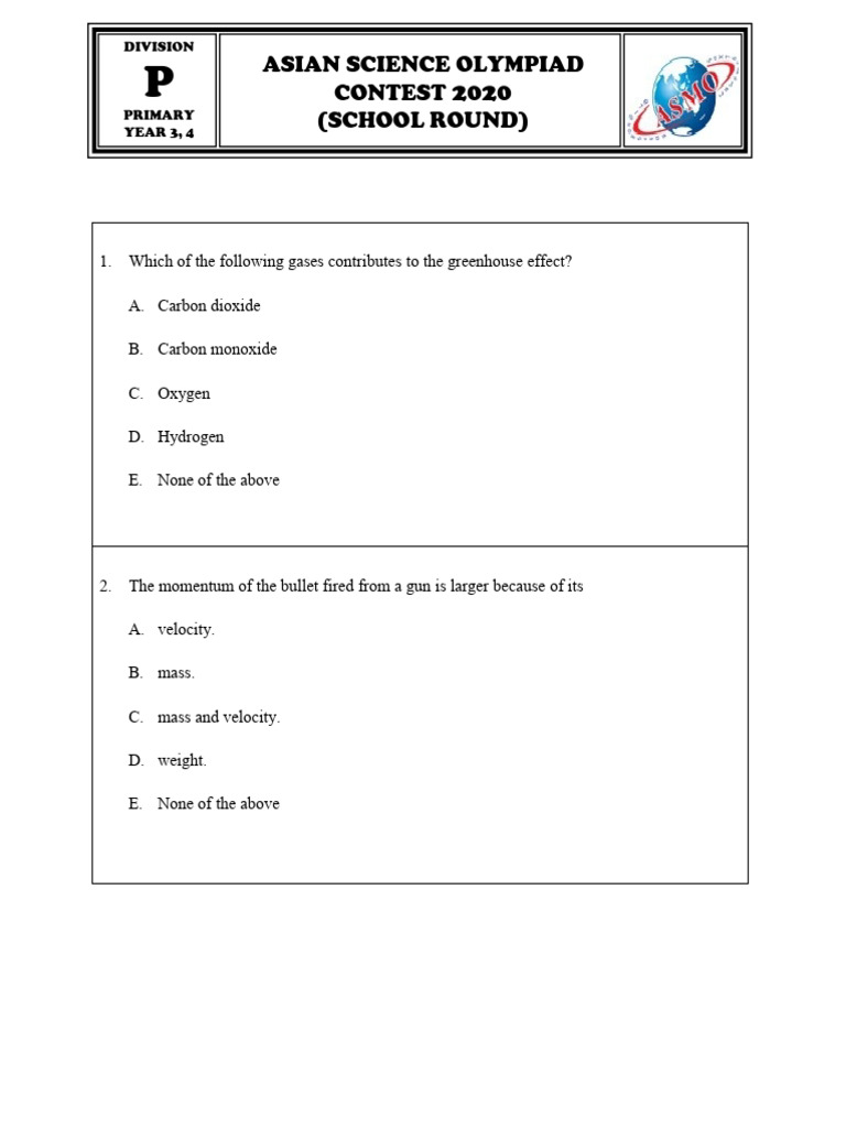 ASMO 2020 Science Level 1 Year 3,4 (English) | PDF
