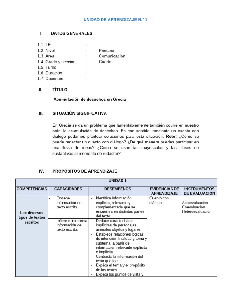 Unidad de Aprendizaje 1 - Cuarto Grado | PDF