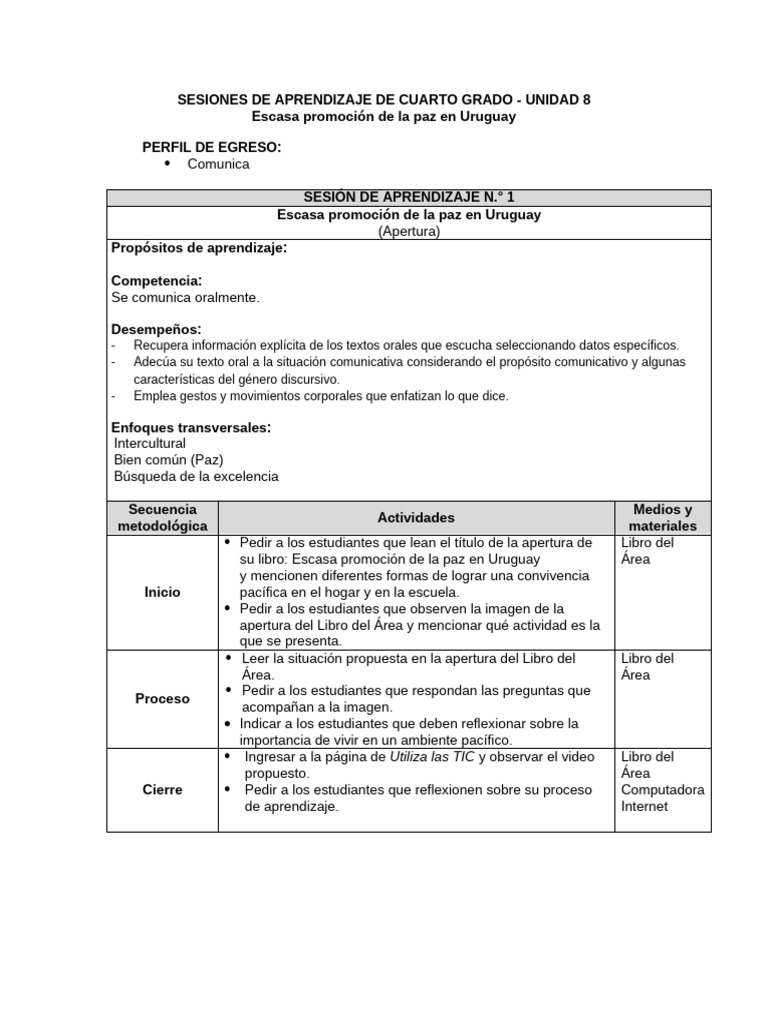 Sesiones de Aprendizaje - U8 - Cuarto Grado | PDF